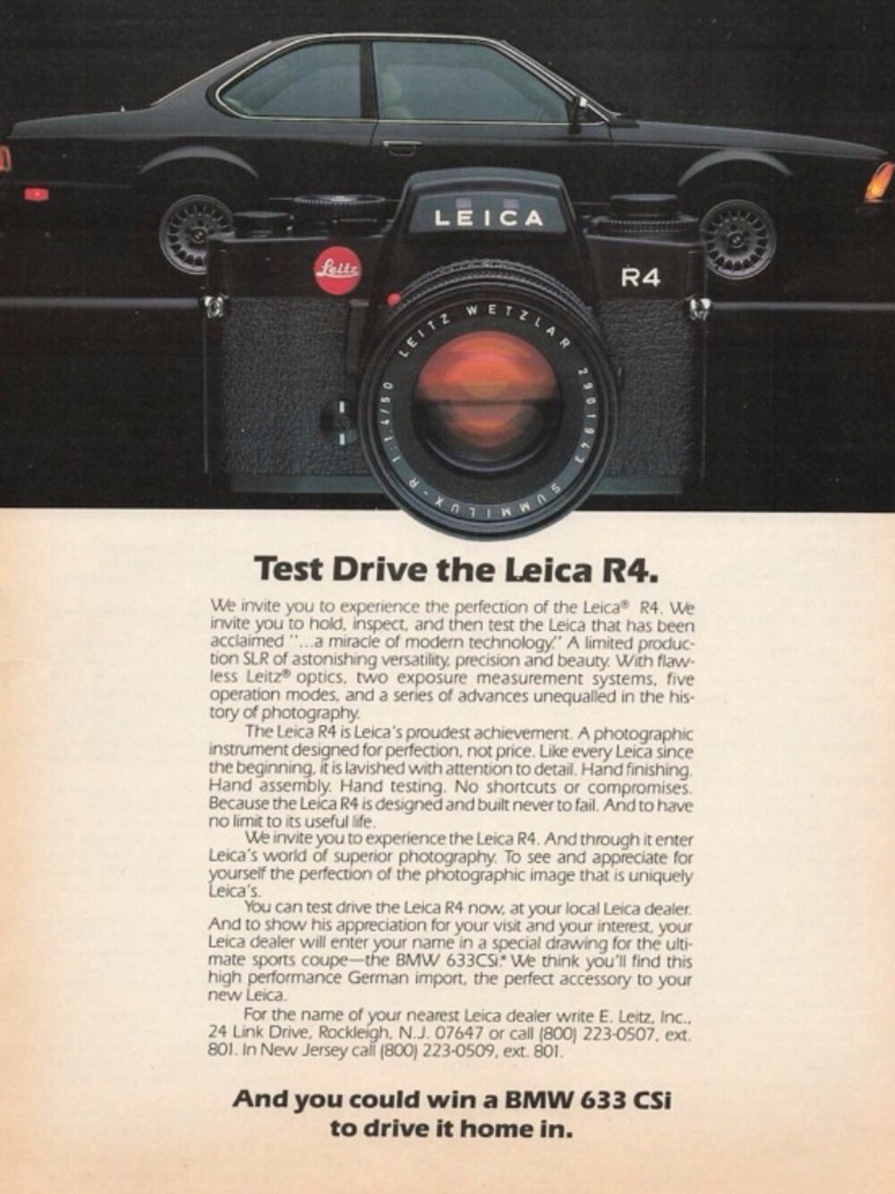 1983 Leica R4 Camera Vintage Print Ad Leitz Optics BMW 633 CSi Photography Black